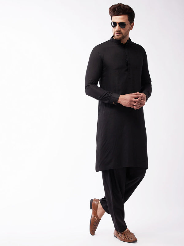 Men's Black Cotton Blend Kurta and Pyjama Set
